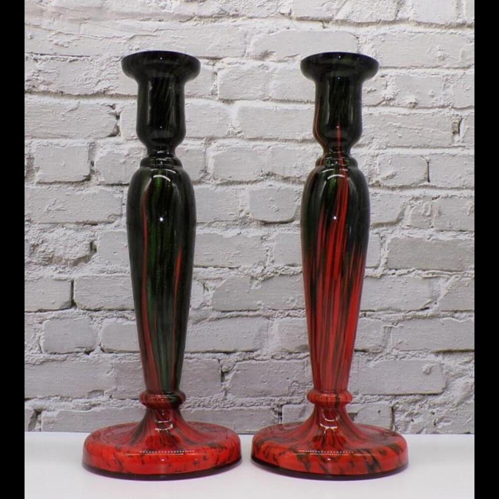 Czech Candlesticks Kralik Ruckl Black, Green and Red Shimmy Flame Art Glass